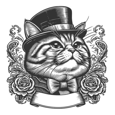 Elegant Cat in Top Hat with Floral Frame vectorのイラスト素材