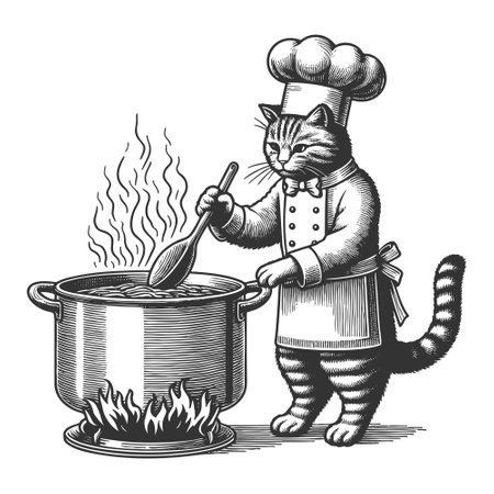 Cat Chef Cooking Soup in a Pot vector illustrationのイラスト素材