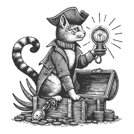 Pirate cat holding treasure vector illustrationのイラスト素材