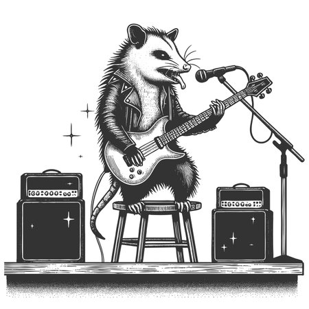 Rockstar Opossum Playing Guitar on Stageの写真素材