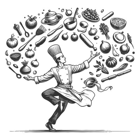 Chef Cooking with Flying Vegetables rasterの写真素材