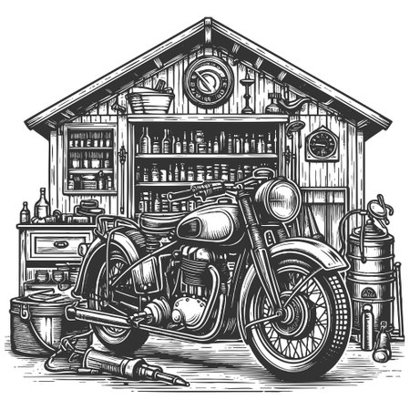 Vintage motorcycle in old garage workshop vectorのイラスト素材