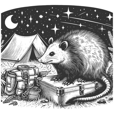 Opossum Exploring Campsite Under Starry Night Skyの写真素材