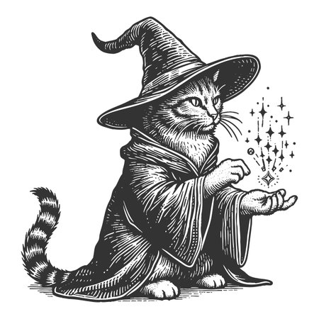 Magical Wizard Cat Casting Spell with Stars rasterの写真素材