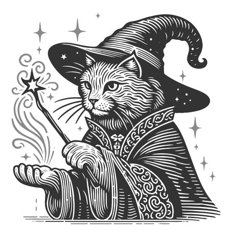 Magical Wizard Cat Casting Spell with Stars rasterの写真素材