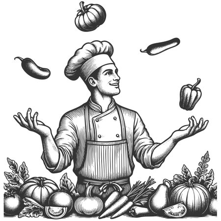 Chef Cooking with Flying Vegetables rasterの写真素材