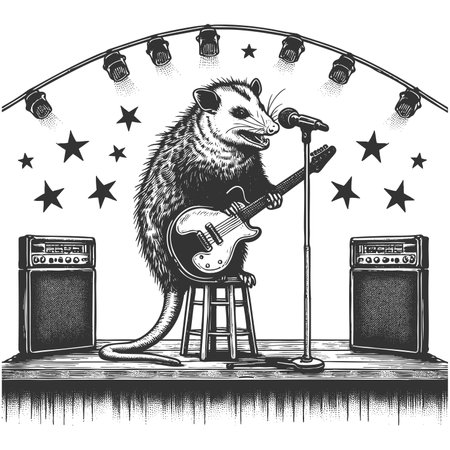 Rockstar Opossum Playing Guitar on Stageの写真素材