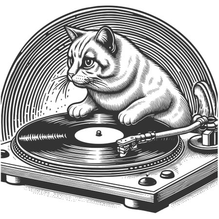 DJ Cat Mixing Vinyl on Turntable vectorのイラスト素材