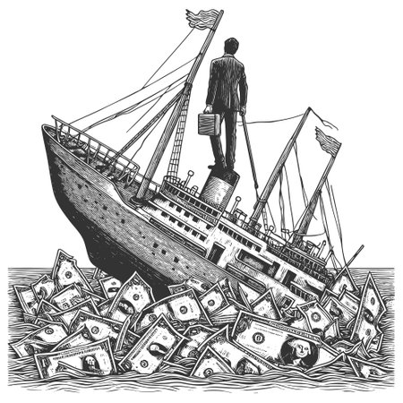 Businessman on Sinking Ship of Money Crisis vectorのイラスト素材
