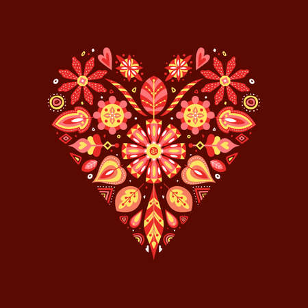 Heart-shaped bright floral illustration with decor elements on the red background. Vector pattern template. Artwork for the card, banner, poster, textile and home decor.のイラスト素材