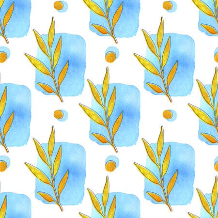 Watercolor seamless pattern with leaves and blue geometric shapes on the light background. Hand drawn gold watercolor with ink stroke.の写真素材