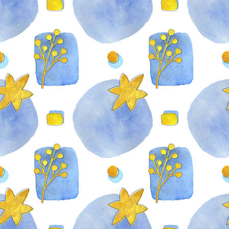 Watercolor seamless pattern with branches, stars and colorful geometric shapes on the light background. Hand drawn gold watercolor with ink stroke.の写真素材