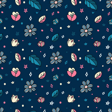 Vector floral seamless pattern in doodle style. Flower illustration with buds and leaves. Background for wallpaper, greeting cards, invitations, prints, and other designs.のイラスト素材