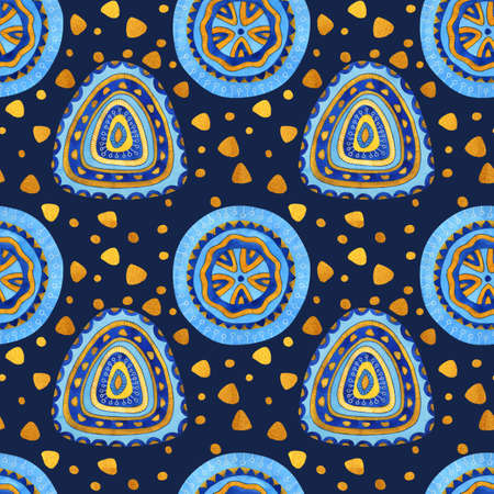 Watercolor seamless pattern with geometric shapes and gold elements on the dark background. Bright...