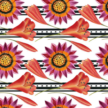 Watercolor seamless pattern with flowers and geometric elements. Ethnic modern style with African...