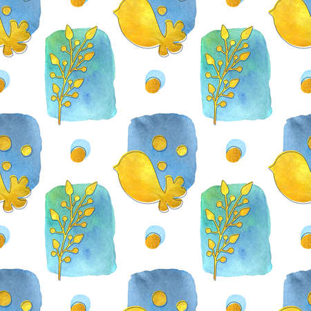 Watercolor seamless pattern with leaves, birds and colorful geometric shapes on the light background. Hand drawn gold watercolor with ink stroke.の写真素材
