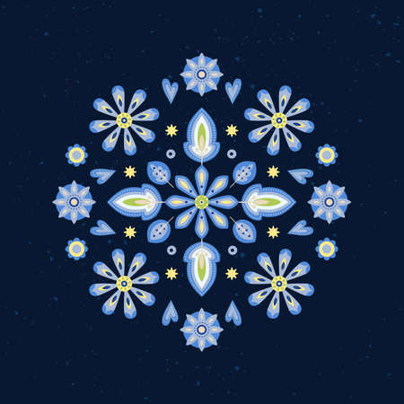 Floral round frame with flowers and decor elements. Vector pattern template. Design artwork for the...