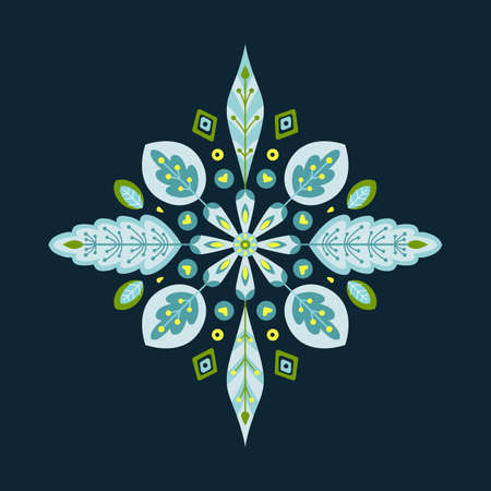 Vector ornament with leaves and decor elements on the dark background. Vector botanical illustration with ethnic motives. Artwork for the card, banner, poster, textile and home decor.のイラスト素材
