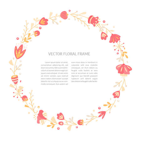 Hand drawn vector floral frame template. Floral doodle illustration with space for text. Decor for invitations, greeting cards, posters, design elements.のイラスト素材