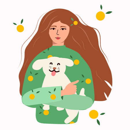 The girl is holding a dog in her arms. Friendship of a woman and a dog. Charming pet. Animal protection. Youth fashion. Dog with his owner. To love animals. Print for poster, postcard, clothingのイラスト素材