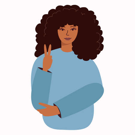 Smiling beautiful black woman with afro hairstyle shows two fingers gesture. isolated vector illustrationのイラスト素材