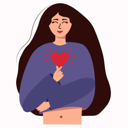 Smiling Korean woman crosses two fingers in the shape of a heart, the sign expresses love. Korean heart gesture. The concept of love and happiness. Flat vector illustration.のイラスト素材
