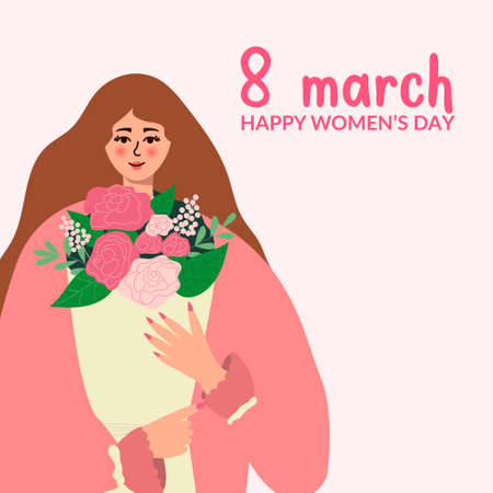 beautiful black woman or an African-American woman holds a bouquet of spring flowers in her hands. Vector concept of pastel colors for Mothers Day, Valentines Day, Womens Day on March 8のイラスト素材