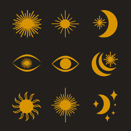 Set of esoteric mystical posters. Sun, moon, eye, stars. Minimal geometric boho style. Spiritual concept. Design for wallpaper, wall decor, print, card, background. Vector illustration.のイラスト素材