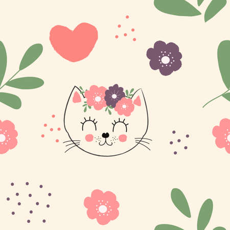 Seamless pattern with cute multicolored kitten, heart and flowers on the background. Creative baby pink texture. Great for vector illustration of fabric, textilesのイラスト素材