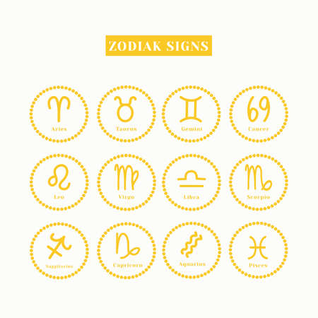 Zodiac signs. A set of black and gold zodiac icons isolated on a white background. Astrological symbols of the zodiac. Vedic Astrologyのイラスト素材