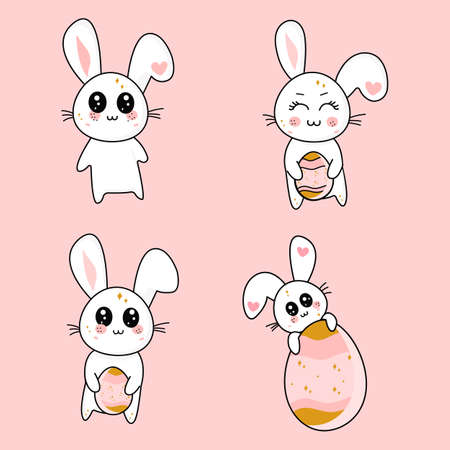 set of festive Easter kawaii rabbits with eggs. vector illustration for greeting card, banner, post.のイラスト素材