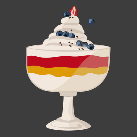 Trifle, an English dessert laid out in layers in a glass glass, decorated with whipped cream, strawberries and blueberries.のイラスト素材