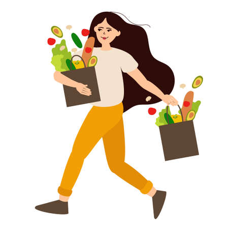 Isolated cute woman carrying bags with food products. Vector character buys fruit and vegetables in greengrocer shopのイラスト素材