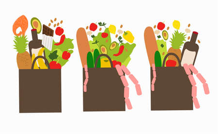 Shopping bags and baskets flat vector illustrations set. Grocery purchases, paper and plastic packages. Natural food, organic fruits and vegetable.のイラスト素材