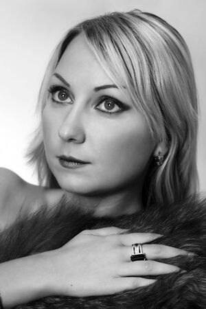 Black and white portrait of beautiful blondie girlの写真素材