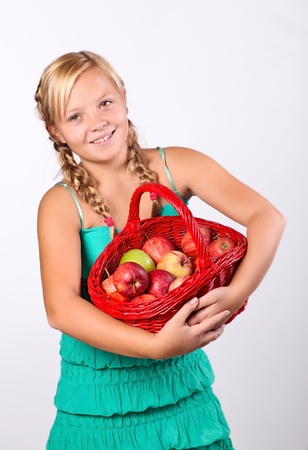 Beautiful girl with a basket of   Applesの写真素材