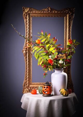 Still life with autumn Leaves and Halloween pumpkinsの写真素材