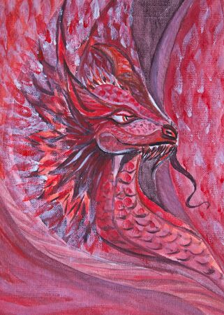 Painted illustration of a mythical red dragonの写真素材