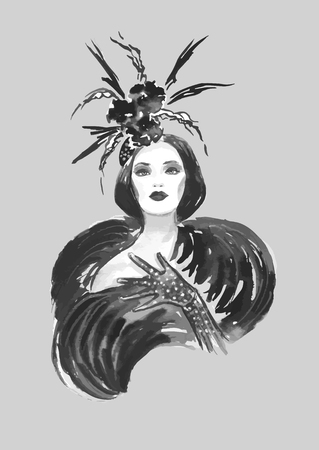 Fashion woman with stylish hat in black and white colorのイラスト素材
