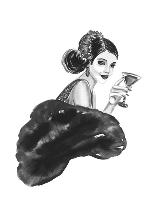 Fashion woman with cocktail  in black and white colorのイラスト素材