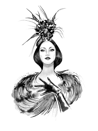 Fashion woman with stylish hat in black and white colorのイラスト素材