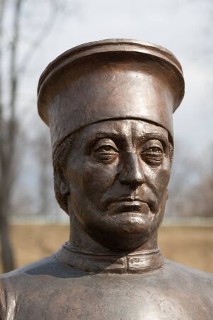TSARSKOYE SELO, SAINT-PETERSBURG, RUSSIA - APRIL 6, 2015: The White Tower. The Bronze Sculpture. The Tsarskoye Selo is State Museum. Located near Saint-Petersburgのeditorial素材