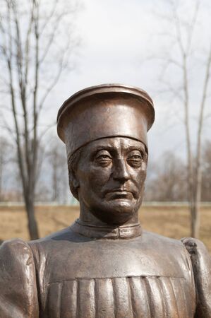 TSARSKOYE SELO, SAINT-PETERSBURG, RUSSIA - APRIL 6, 2015: The White Tower. The Bronze Sculpture. The Tsarskoye Selo is State Museum. Located near Saint-Petersburgのeditorial素材