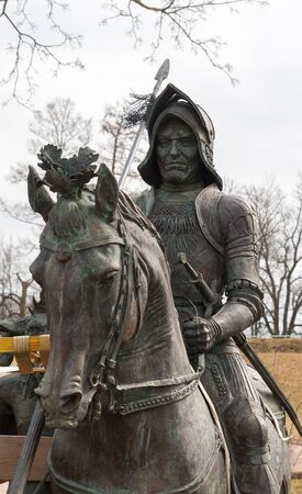 TSARSKOYE SELO, SAINT-PETERSBURG, RUSSIA - APRIL 6, 2015: The White Tower. The Bronze Sculpture. The Tsarskoye Selo is State Museum. Located near Saint-Petersburgのeditorial素材
