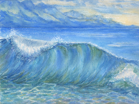 Big blue ocean Wave watercolor illustrationの写真素材