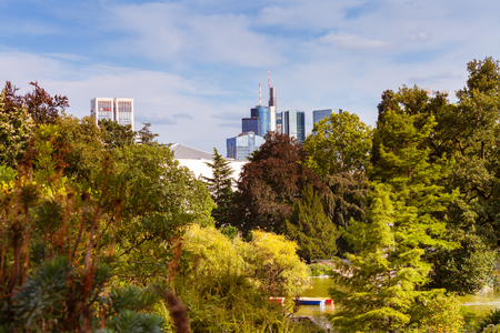 FRANKFURT, GERMANY - AUGUST 25: view to skyline of Frankfurt seen from the Palmengarten on August 25, 2015 Frankfurt, Germany. The Palmengarten is a favourite place for relaxing of the habitants of Frankfurt.のeditorial素材