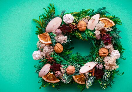 Christmas decoration evergreen wreath decorated with  ballsの写真素材