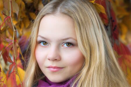 Portrait of beautiful young girl  in autumnの写真素材