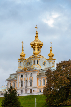 PETERHOF, RUSSIA - OCTOBER 16: Closeup of golden dome in Peterhof, Russia, October 16, 2016 in Peterhof, Russia. Former residence of the Russian monarchs.のeditorial素材