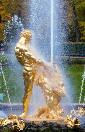 PETERHOF, RUSSIA - OCTOBER 16: Grand Cascade Fountains at Peterhof, Russia, October 16, 2016 in Peterhof, Russia. Former residence of the Russian monarchs.のeditorial素材